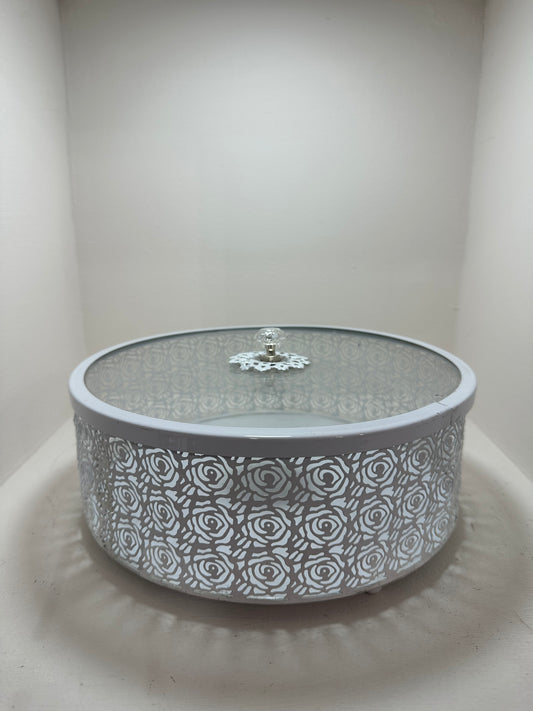 Caja de metal circular con tapa de cristal